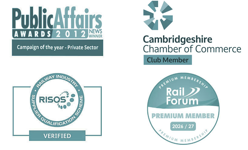 association logos: Public Affairs Awards, Cambridgeshire Chamber of Commerce, RIOS, Rail Forum Midlands