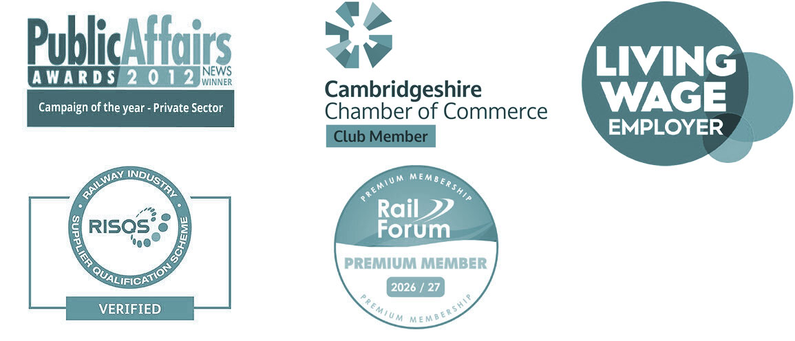 association logos: Public Affairs Awards, Cambridgeshire Chamber of Commerce, RIOS, Rail Forum Midlands