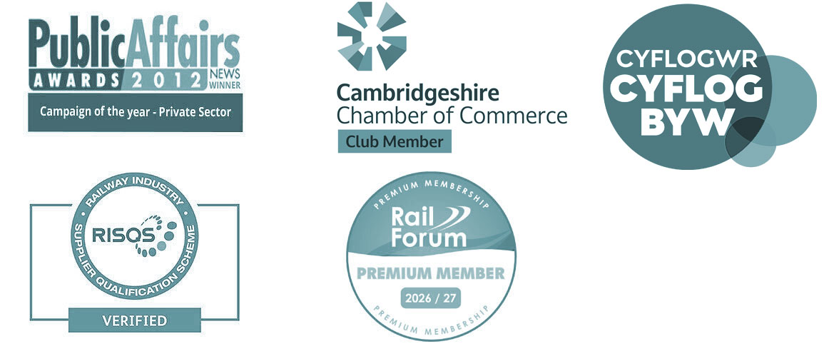 association logos: Public Affairs Awards, Cambridgeshire Chamber of Commerce, RIOS, Rail Forum Midlands